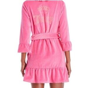Juicy Couture Black Label Robe Womens Large Pink Velour Ruffle Satin Trim